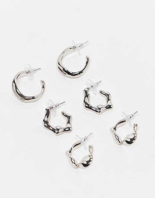 ASOS DESIGN - Confezione da 3 paia di orecchini a cerchio argento con design colato