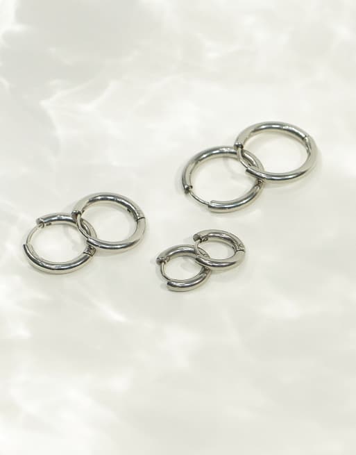 ASOS DESIGN - Confezione da 3 paia di orecchini a cerchio da 9 mm, 12mm e 14mm in acciaio inossidabile argentato resistente all'acqua