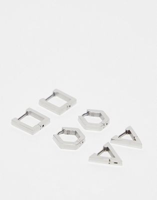 ASOS DESIGN 3 pack waterproof stainless steel geo hoops in silver tone - ASOS Price Checker