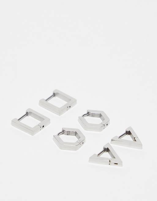 ASOS DESIGN - Confezione da 3 paia di orecchini a cerchio geometrici color argento in acciaio inossidabile resistente all'acqua