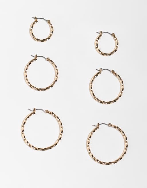 ASOS DESIGN - Confezione da 3 paia di orecchini a cerchio ritorti color oro