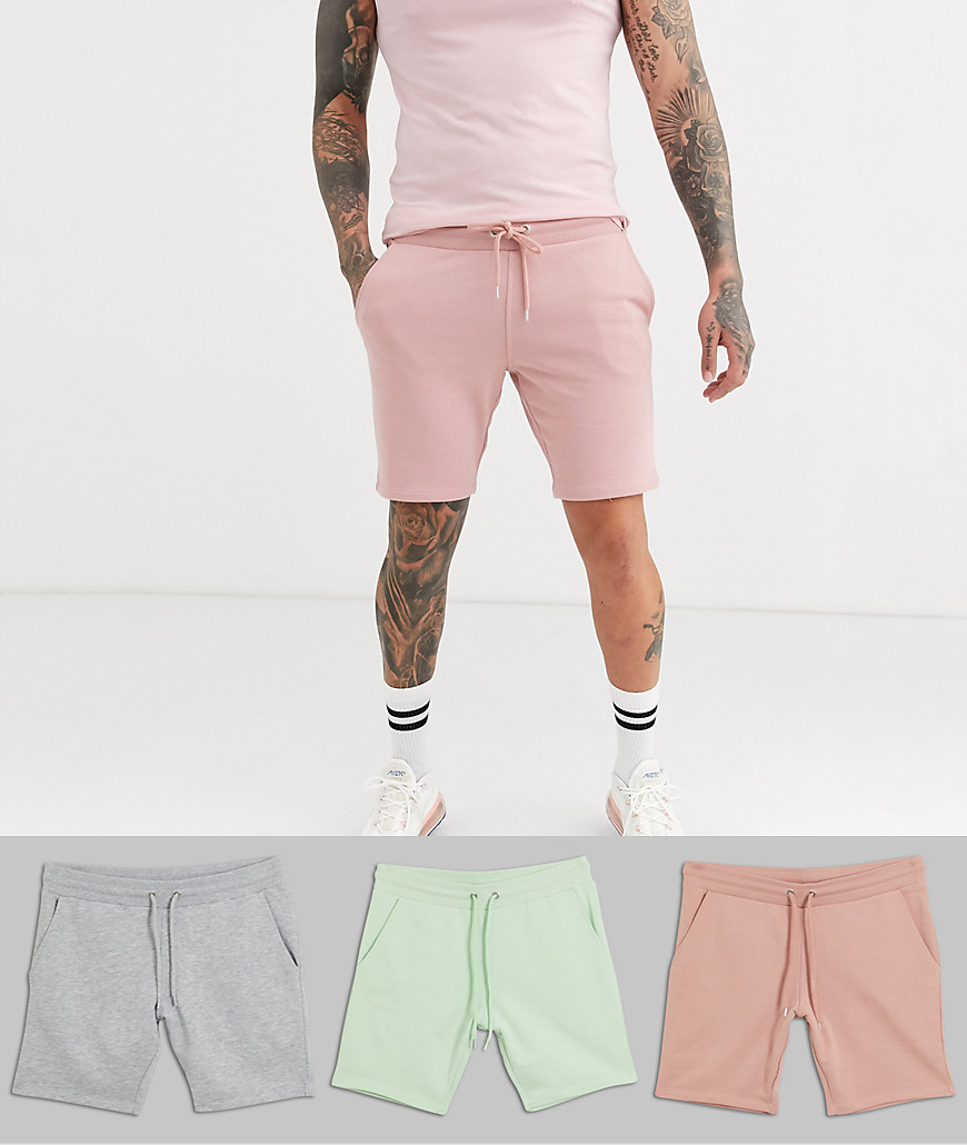 ASOS DESIGN - Confezione da 3 pantaloncini skinny corti in jersey grigio mélange/verde menta/rosa - Risparmia-Multicolore