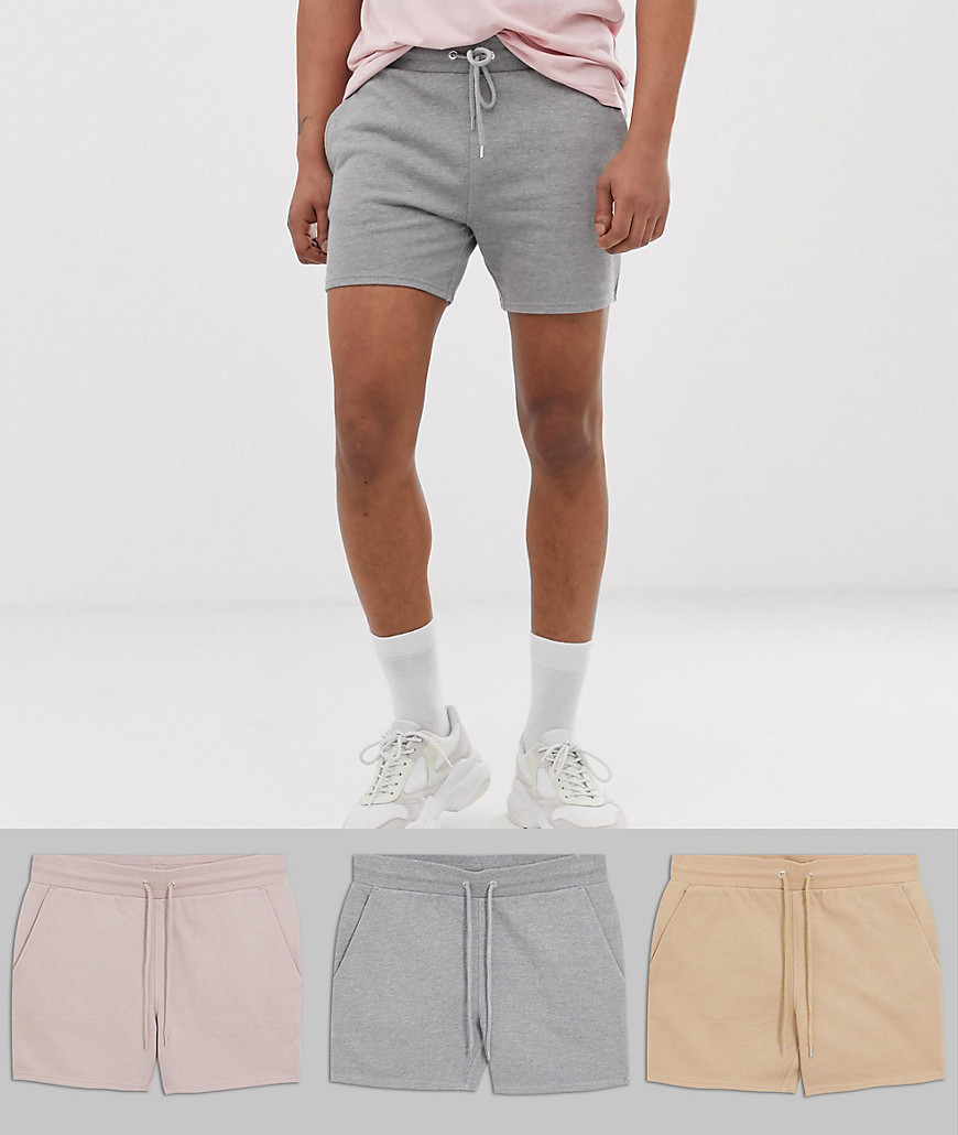 ASOS DESIGN - Confezione da 3 pantaloncini skinny in jersey beige/rosa/grigio mélange - Risparmia-Multicolore