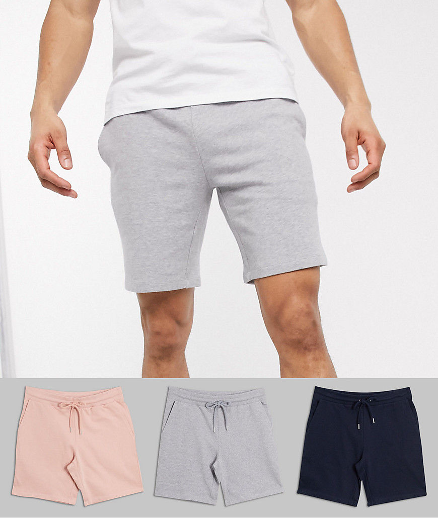 ASOS DESIGN - Confezione da 3 pantaloncini slim in jersey blu navy/rosa/grigio mélange-Multicolore