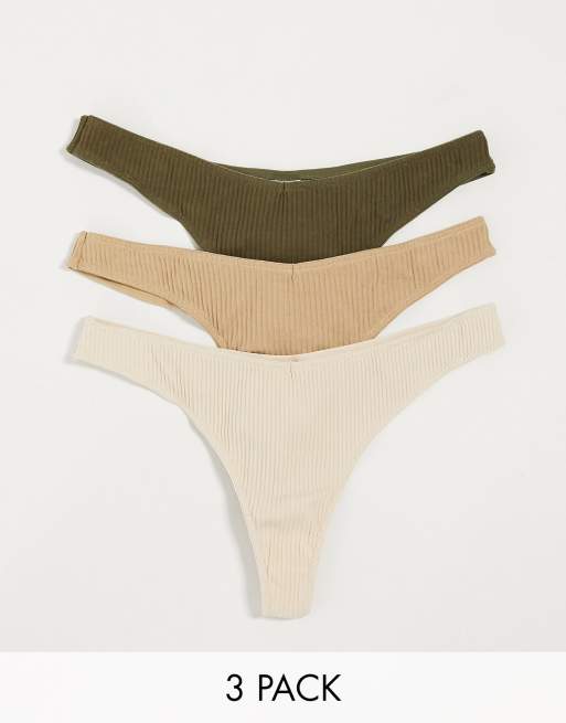 ASOS DESIGN - Confezione da 3 perizomi a costine colore kaki, beige e marrone