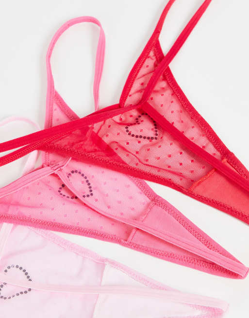 ASOS DESIGN Confezione da 3 perizomi con parte anteriore a V in rete a pois con cuore in strass rosa e rossi ASOS