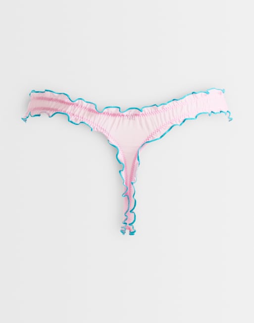 ASOS DESIGN - Confezione da 3 perizomi in rete arricciati blu, limone e rosa, 2 di 3