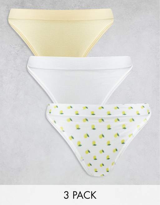 ASOS DESIGN - Confezione da 3 perizomi senza cuciture a coste bianco, giallo limone e con stampa di limoni
