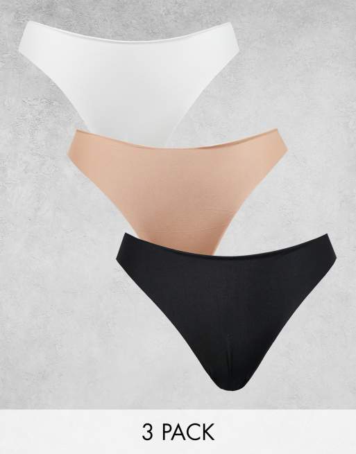 ASOS DESIGN confezione da 3 perizomi senza VPL con bordo in pizzo nero, bianco e beige - multicolore