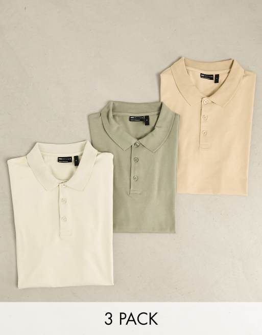 ASOS DESIGN - Confezione da 3 polo attillate beige, color crema e kaki