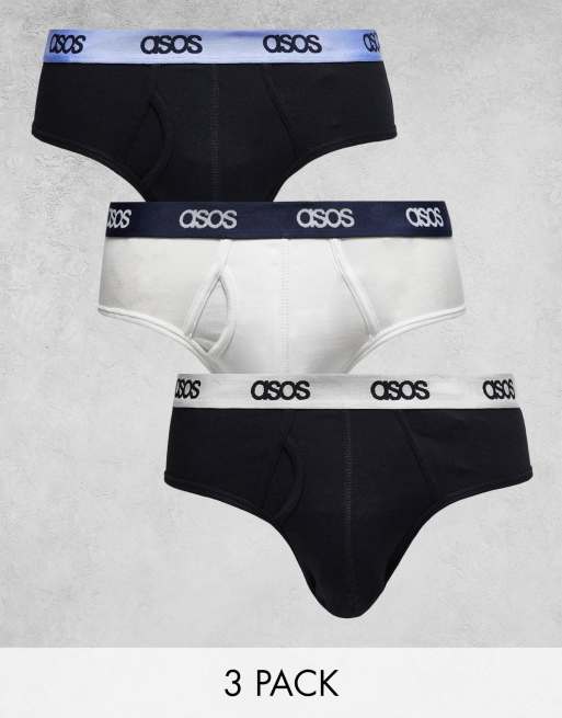 ASOS DESIGN - Confezione da 3 slip in bianco e nero con fascia in vita con logo a contrasto