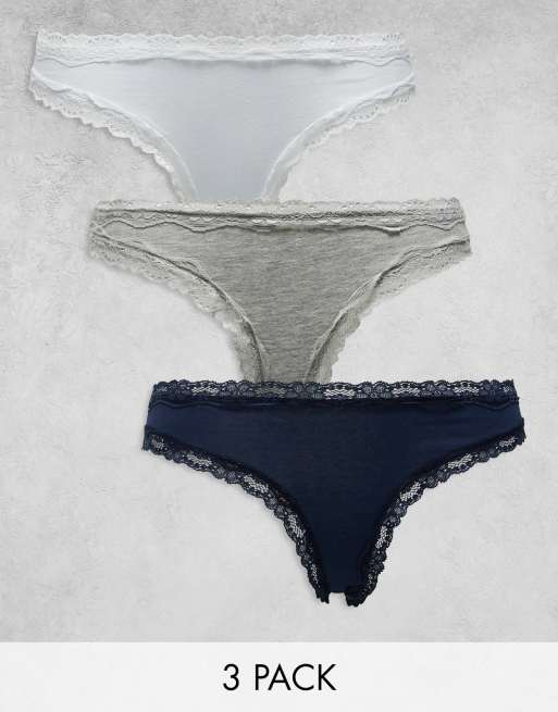 ASOS DESIGN - Confezione da 3 slip in pizzo e cotone colore grigio, bianco e blu navy