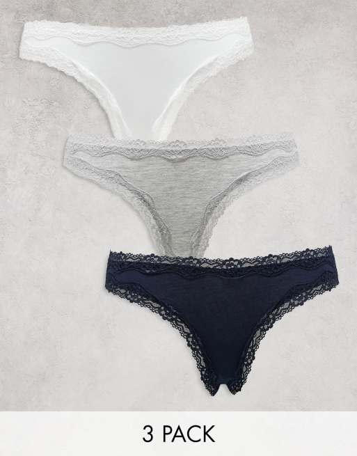 ASOS DESIGN - Confezione da 3 slip in pizzo e cotone colore grigio, bianco e blu navy