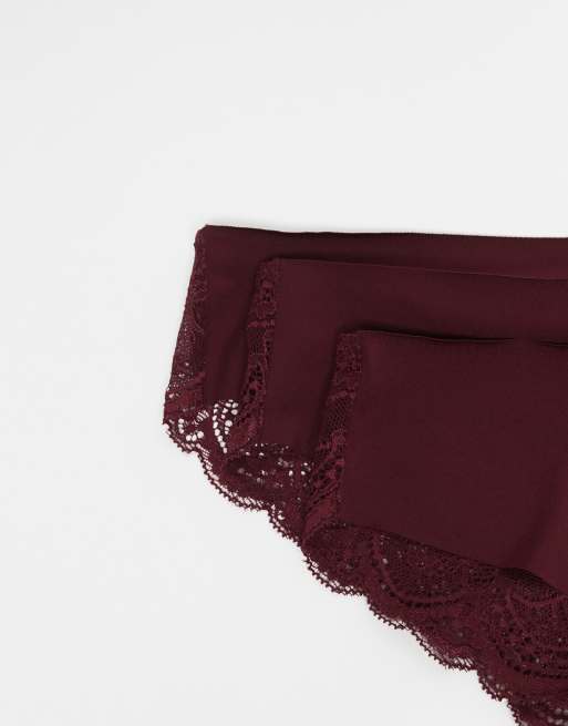ASOS DESIGN - Confezione da 3 slip taglio brasiliana invisibili e in pizzo bordeaux, 2 di 3