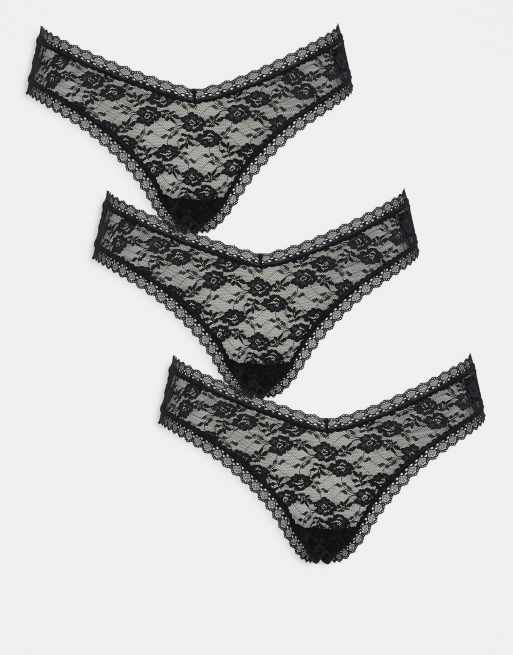 ASOS DESIGN - Confezione da 3 slip taglio brasiliana neri in pizzo