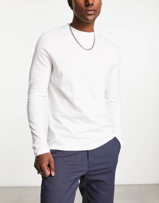 ASOS DESIGN - Confezione da 3 T-shirt a maniche lunghe girocollo blu slavato, bianca e blu, 2 di 4