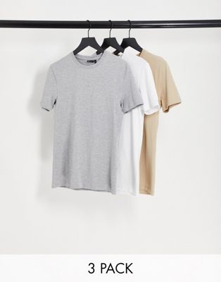 ASOS DESIGN 3 pack muscle fit t-shirt in grey marl, white and beige - ASOS Price Checker