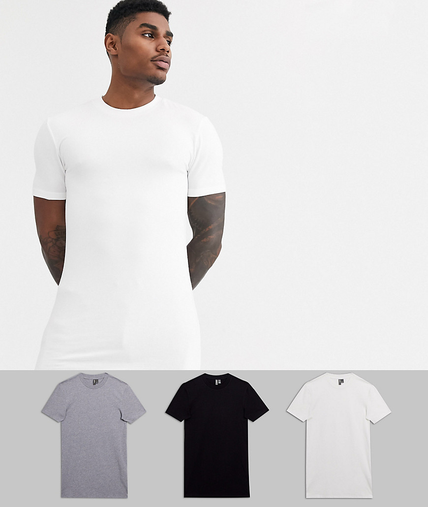 ASOS DESIGN - Confezione da 3 T-shirt girocollo lunghe attillate in tessuto organico - Risparmia-Multicolore