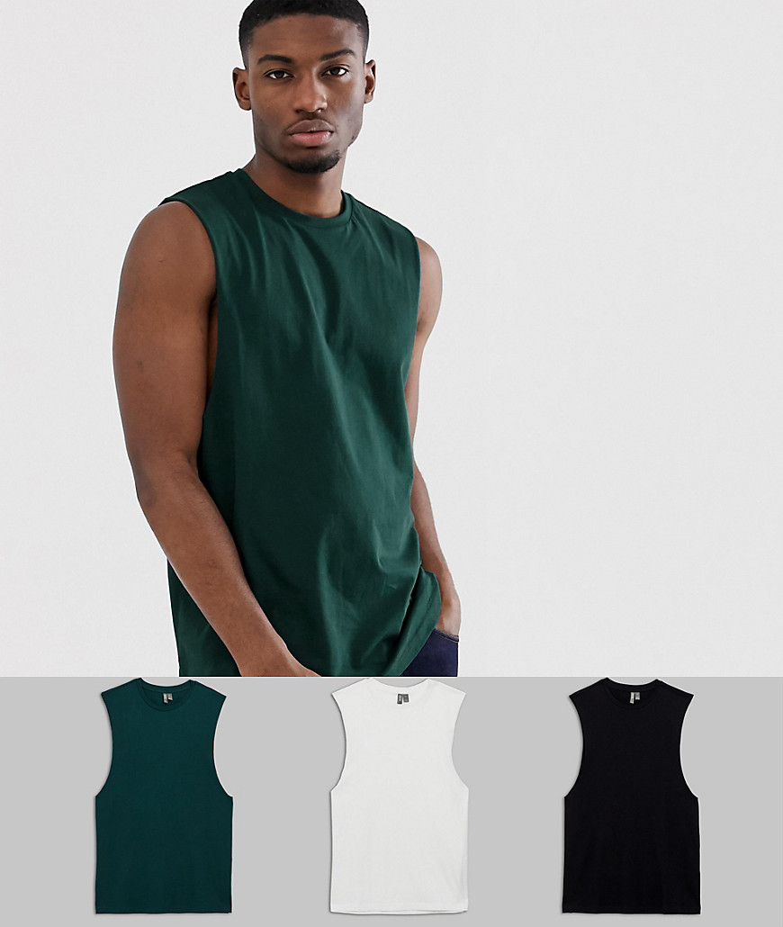 ASOS DESIGN - Confezione da 3 T-shirt organiche senza maniche con giromanica ampio - Risparmia-Multicolore