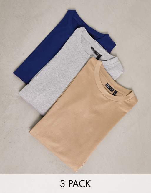 ASOS DESIGN - Confezione da 3 T-shirt oversize a maniche lunghe grigio mélange, blu e marrone