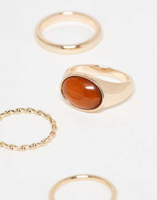ASOS DESIGN - Confezione da 4 anelli misti color oro con pietra sintetica semipreziosa, 3 di 3