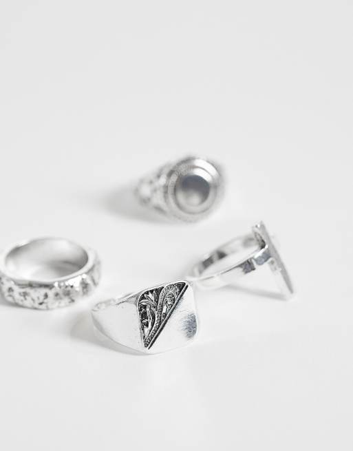 ASOS DESIGN - Confezione da 4 anelli tonalità argento brunito con dettaglio inciso e croce, 3 di 3