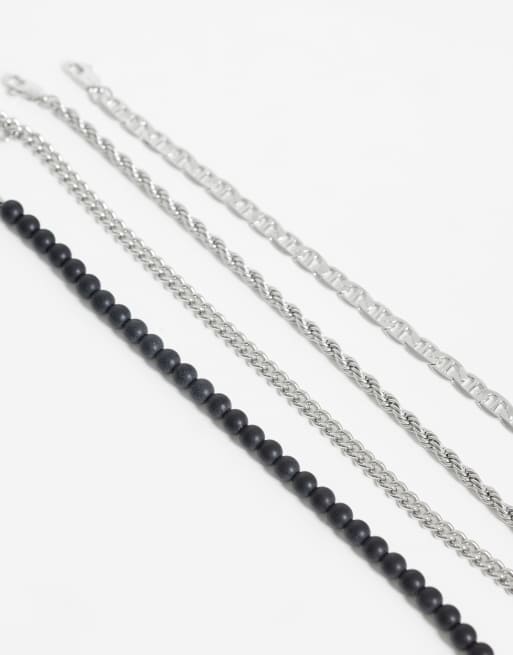ASOS DESIGN - Confezione da 4 bracciali a catena a corda argentanti e con perline, 2 di 3