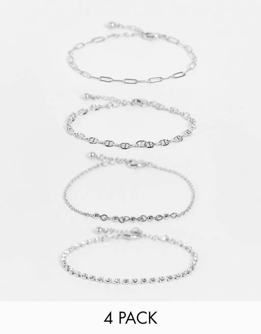 ASOS DESIGN - Confezione da 4 bracciali a catena con catenina sottile e cristalli color argento