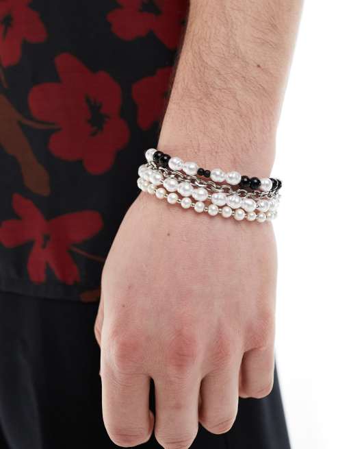 ASOS DESIGN - Confezione da 4 bracciali a catenina e con perle sintetiche color argento