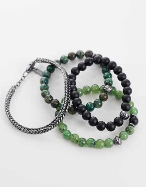 ASOS DESIGN - Confezione da 4 bracciali a catenina e con perline semipreziose in agata acquatica argentati, 2 di 3