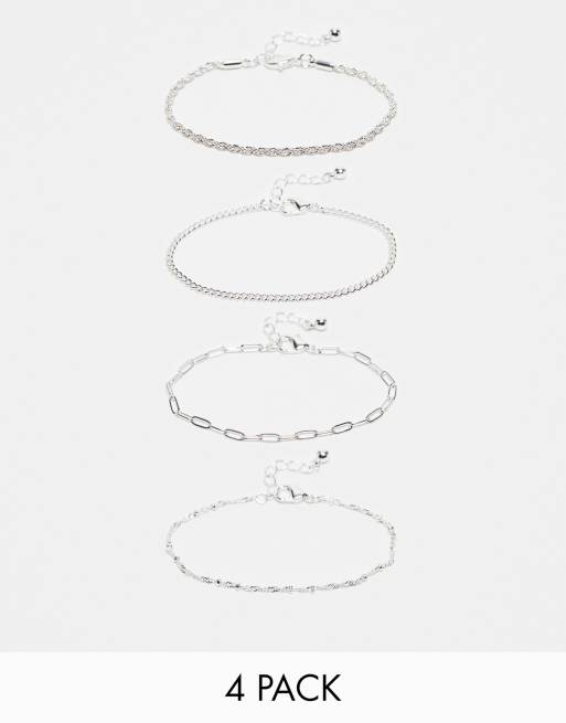 ASOS DESIGN - Confezione da 4 bracciali a catenina placcati argento