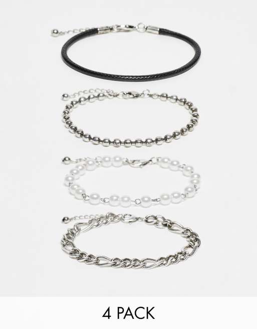 ASOS DESIGN - Confezione da 4 bracciali con catenine miste color argento, in corda nera e con perle sintetiche