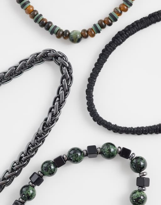 ASOS DESIGN confezione da 4 bracciali con cordino e perline verdi e finitura argentata, 2 di 3