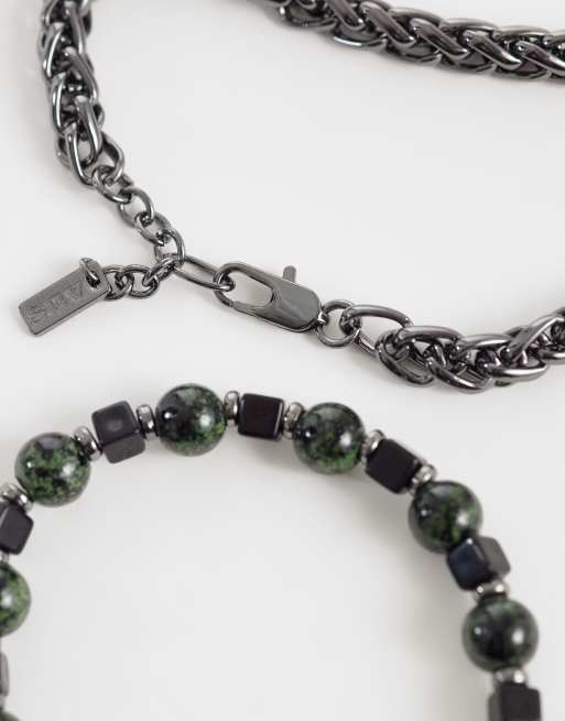 ASOS DESIGN confezione da 4 bracciali con cordino e perline verdi e finitura argentata, 3 di 3