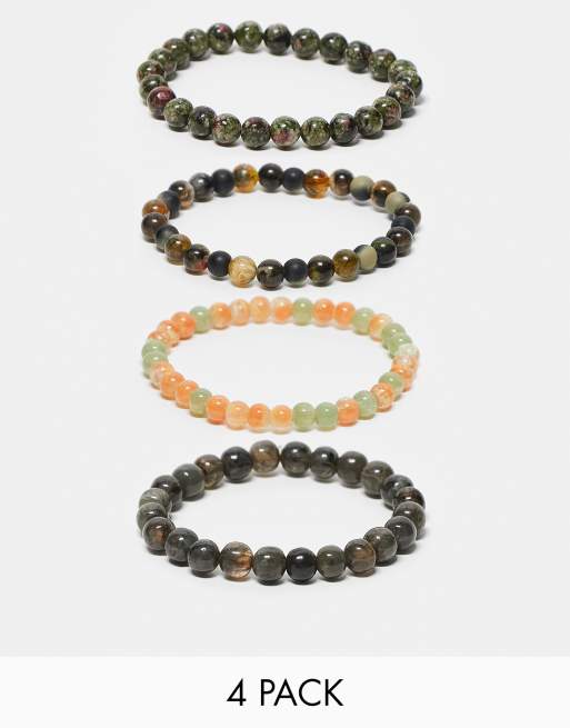 ASOS DESIGN - Confezione da 4 bracciali con perline miste in vetro e pietre semipreziose multicolore 