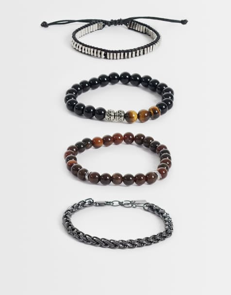 ASOS DESIGN confezione da 4 bracciali con perline neri e occhio di tigre sintetico in argento canna di fucile - view 1