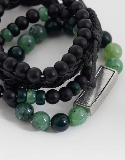 ASOS DESIGN - Confezione da 4 bracciali in corda e perline nero e verde, 3 di 3