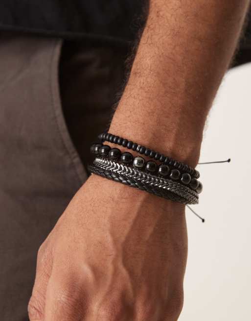 ASOS DESIGN - Confezione da 4 bracciali neri con catenina e perline