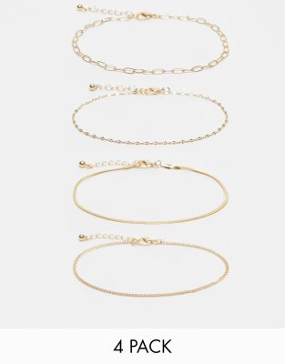 ASOS DESIGN - Confezione da 4 cavigliere color oro a catenina