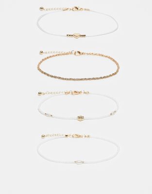 ASOS DESIGN - Confezione da 4 cavigliere dorate con perline, perle sintetiche e ciondoli a forma di cuore - view 1