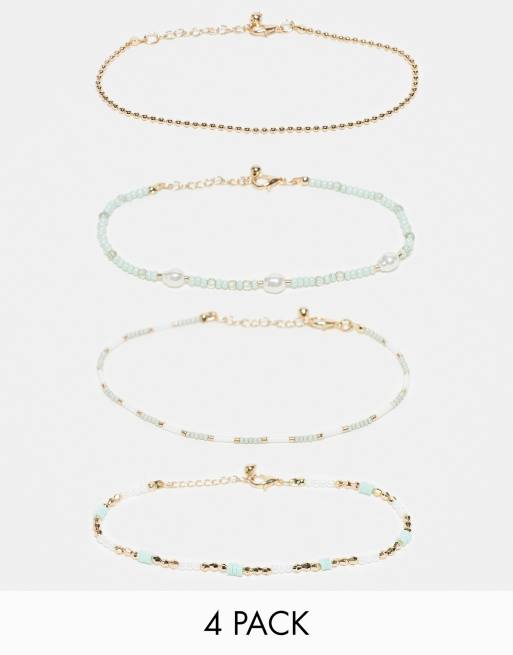 ASOS DESIGN - Confezione da 4 cavigliere verdi e color oro con perline