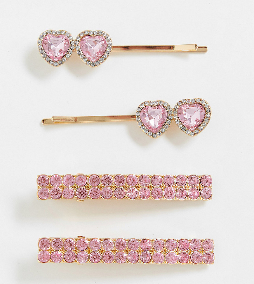 ASOS DESIGN - Confezione da 4 fermagli color oro con gioielli a cuore rosa