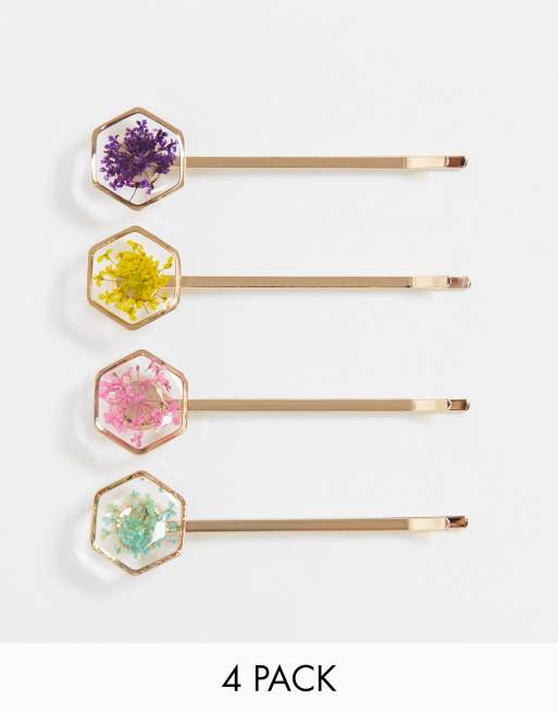 ASOS DESIGN - Confezione da 4 fermagli per capelli con fiore all'interno