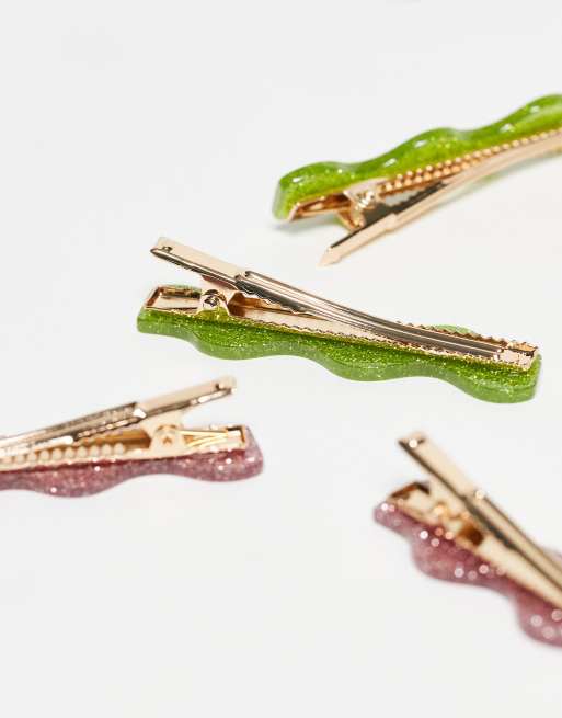ASOS DESIGN - Confezione da 4 fermagli per capelli verdi e rosa glitterati, 2 di 3