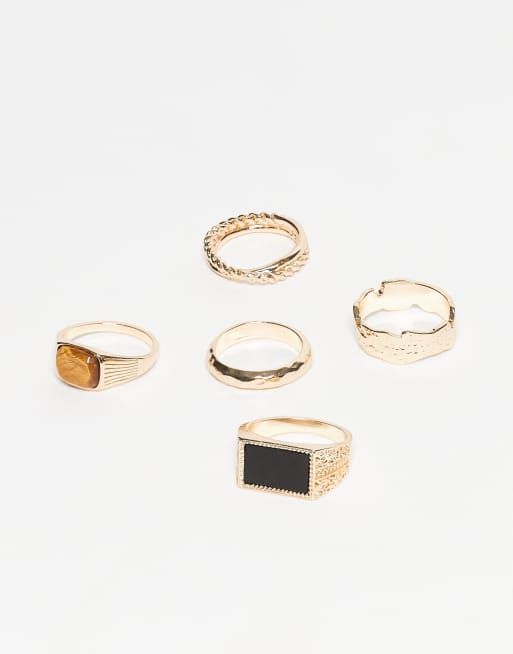ASOS DESIGN - Confezione da 5 anelli dorati con pietra semipreziosa occhio di tigre e agata nera  , 3 di 3