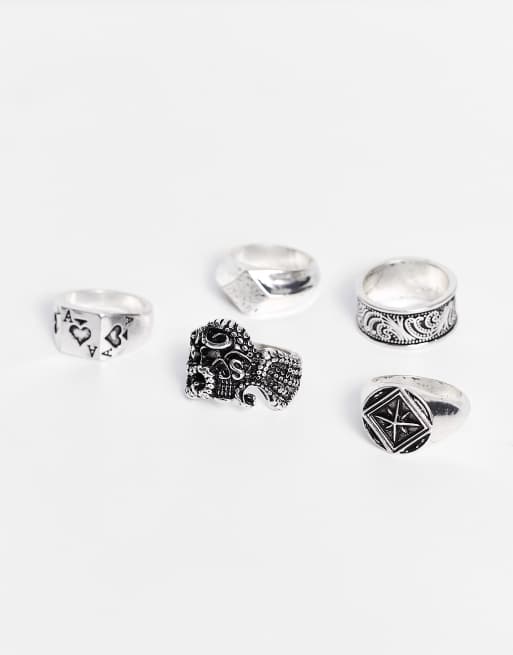 ASOS DESIGN - Confezione da 5 anelli misti con asso di picche e polpo in argento brunito