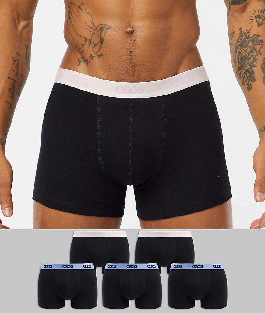 ASOS DESIGN - Confezione da 5 boxer aderenti in cotone organico con fascia in vita rosa polvere e blu pallido con logo-Nero