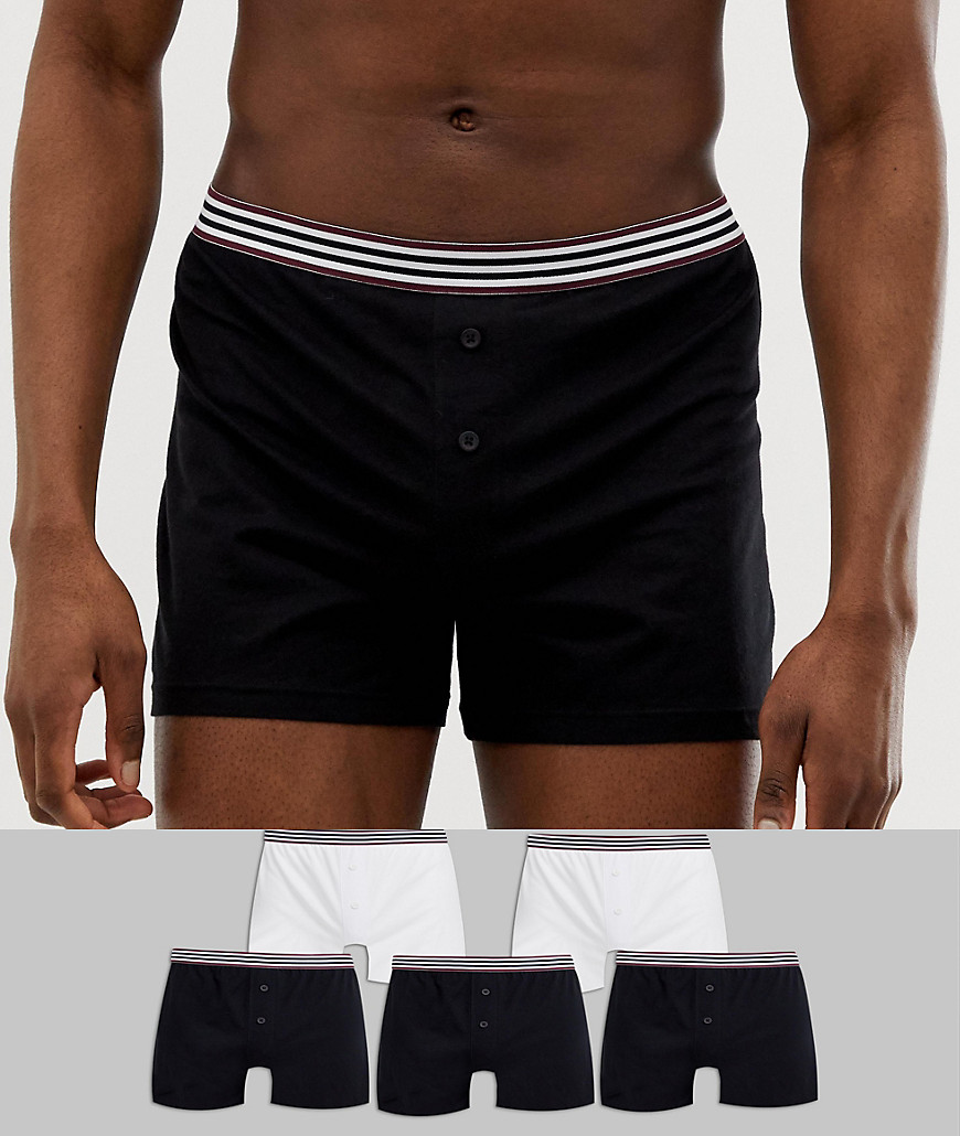 ASOS DESIGN - Confezione da 5 boxer in jersey neri e bianchi con elastico in vita a righe - Risparmia-Multicolore