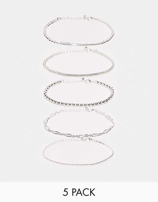 ASOS DESIGN - Confezione da 5 bracciali a catena misti color argento