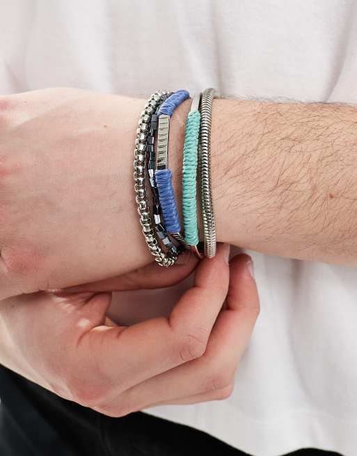 ASOS DESIGN - Confezione da 5 bracciali con perline e catenine miste e bracciale rigido argento